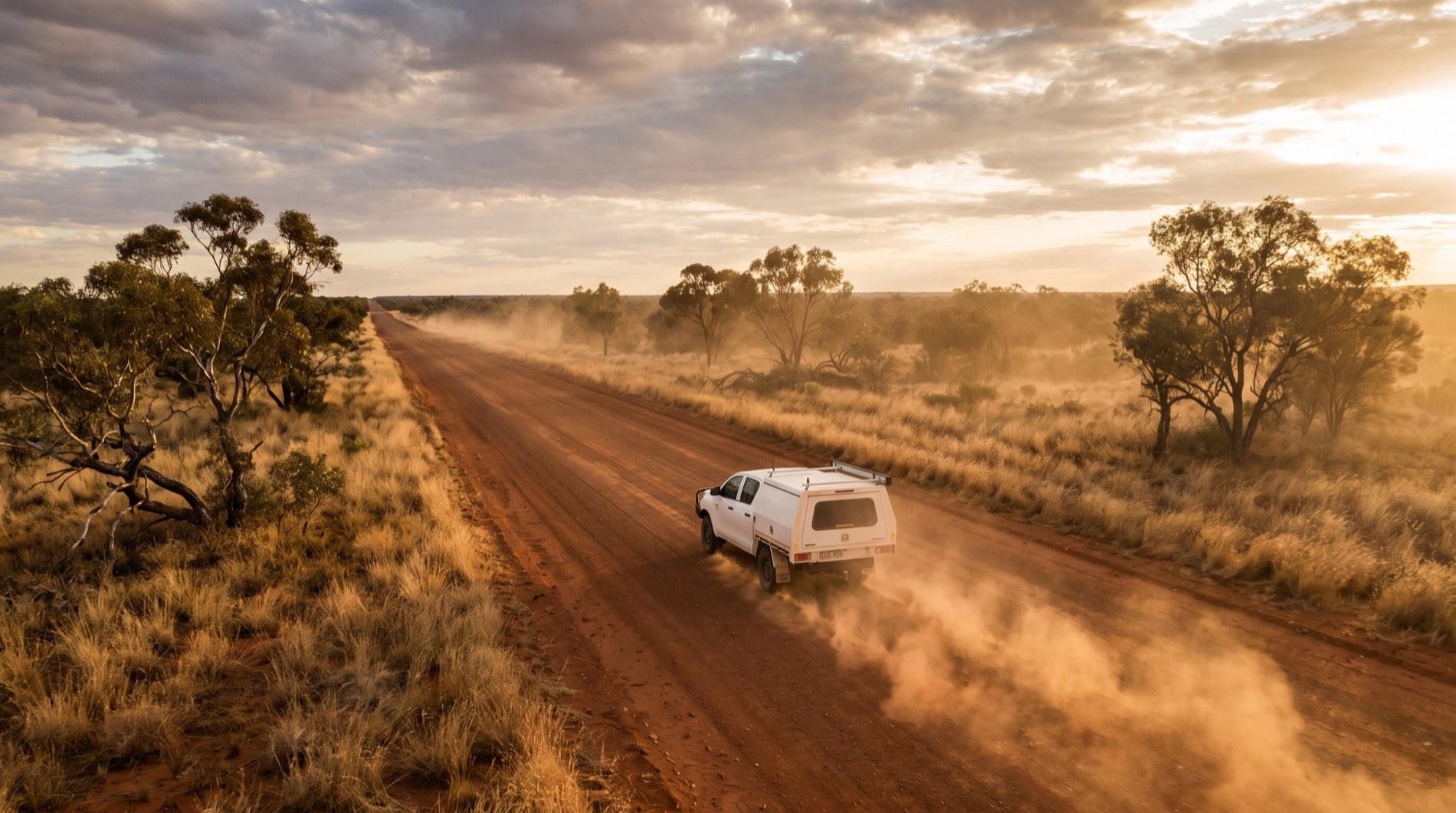 A service ute travelling a dirt road through dry Central Queensland country