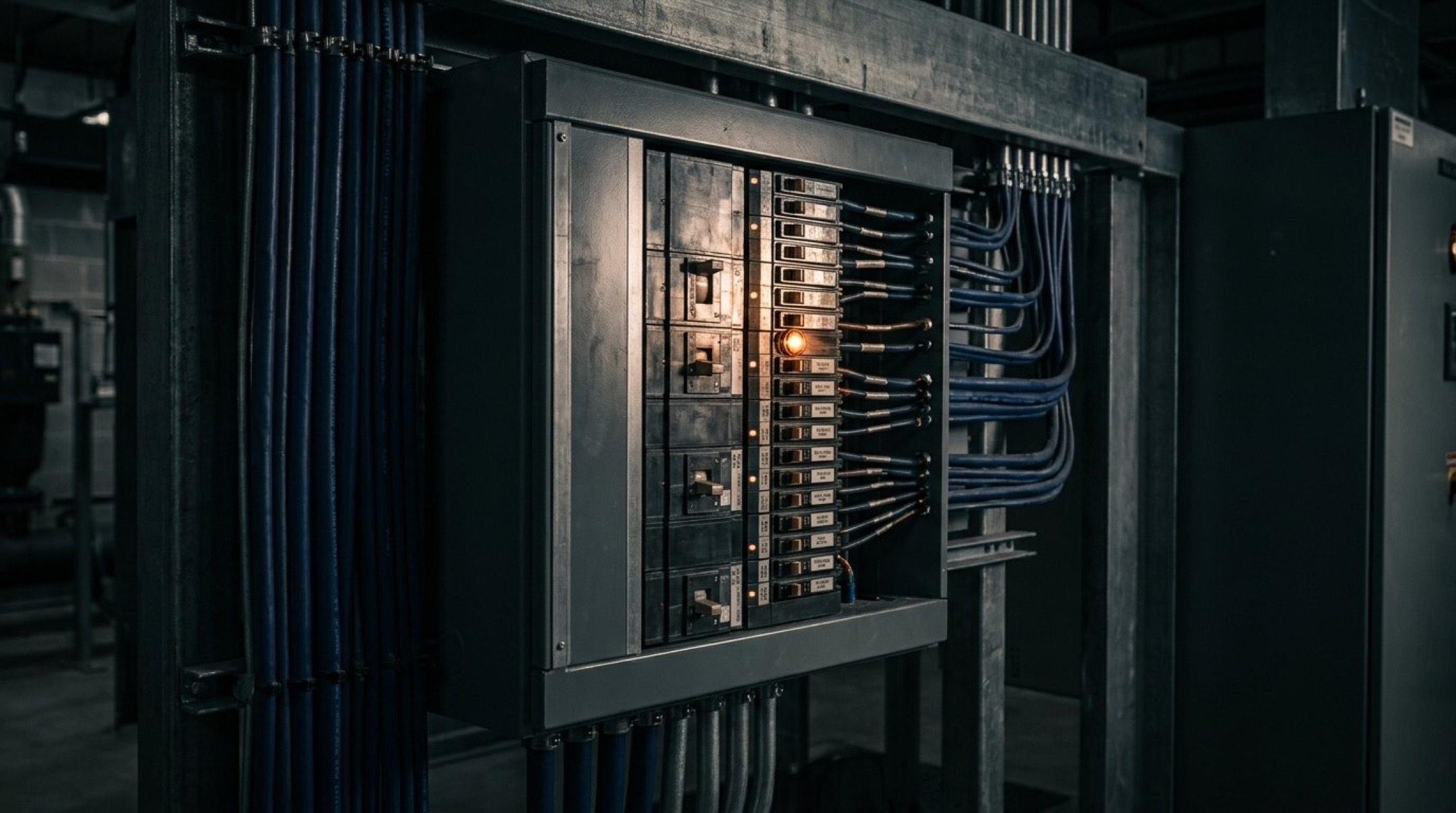 An open industrial switchboard with neatly run cabling