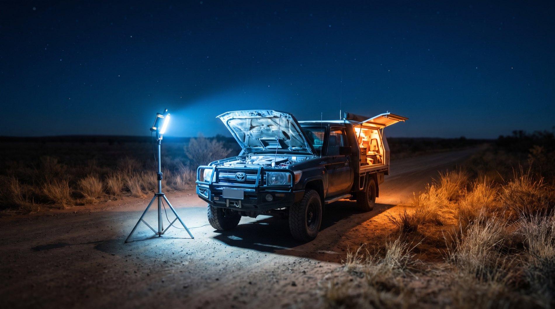 A service vehicle set up under a work light on a rural road after dark