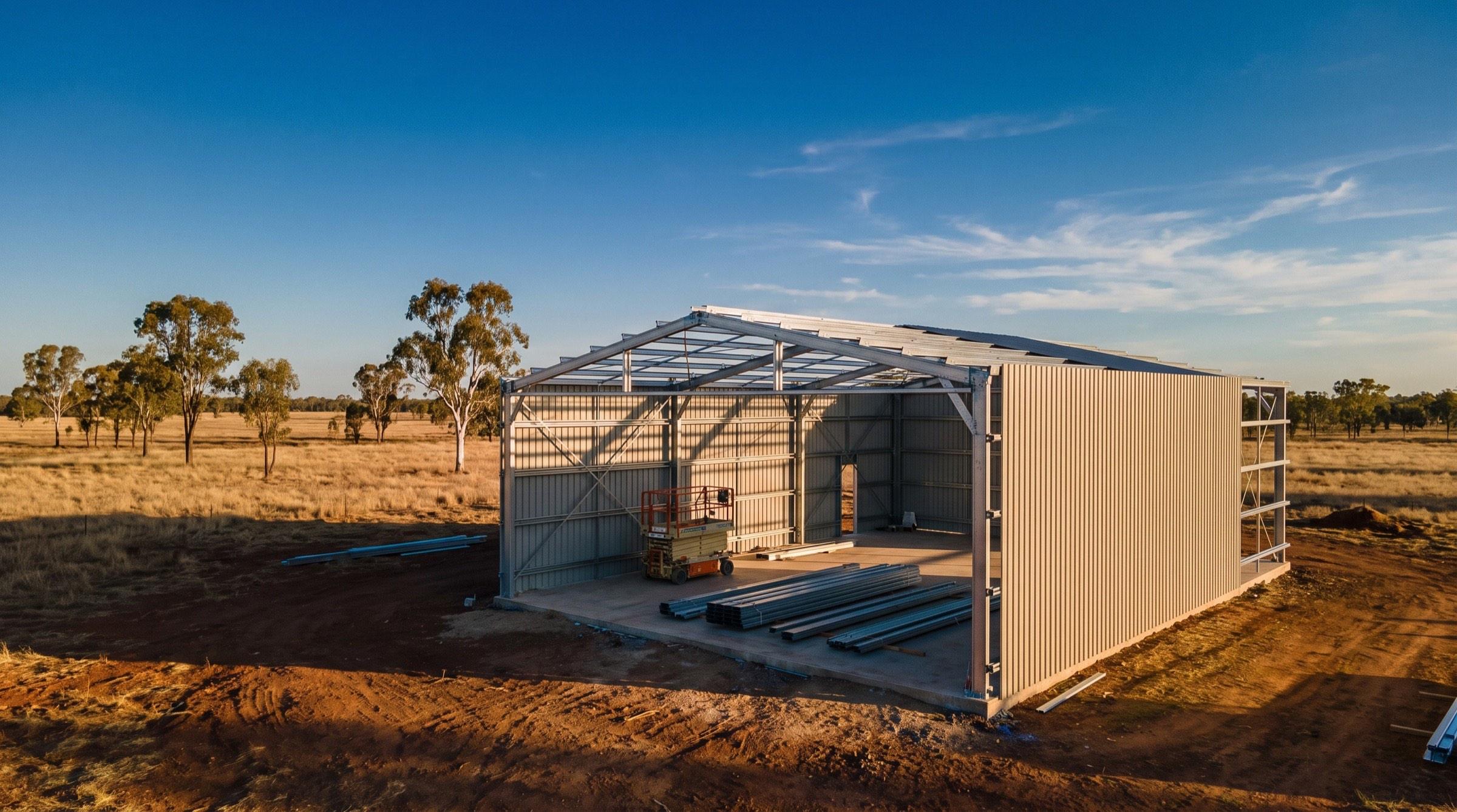 A steel-framed shed being built on dry pasture with gum trees in the late afternoon