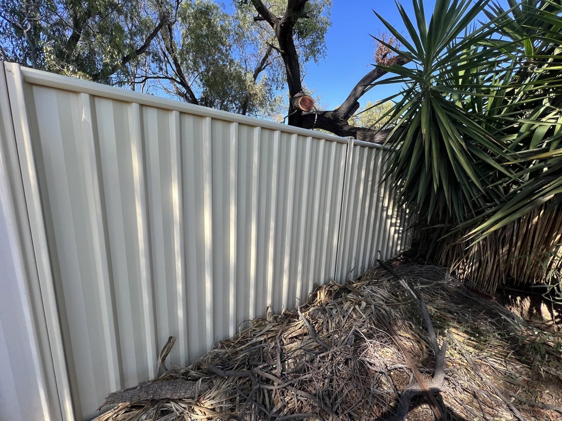 A newly installed Colorbond fence line along the boundary of a property